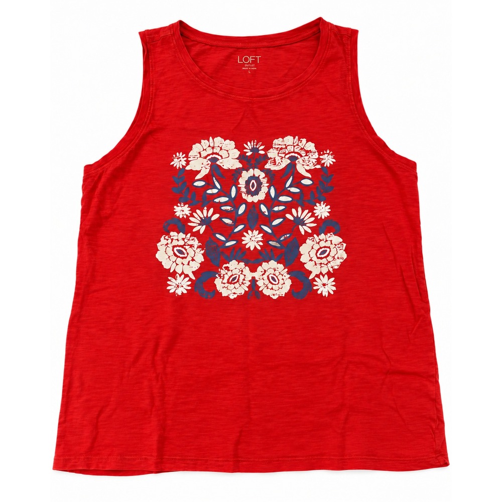 LOFT Outlet Womens L Red Floral Graphic Tank Top Scoop Neck Sleeveless Slub Knit